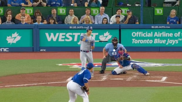 Toronto Blue Jays SP Hyun-Jin Ryu strikes out Texas Rangers 1B Nate Lowe.